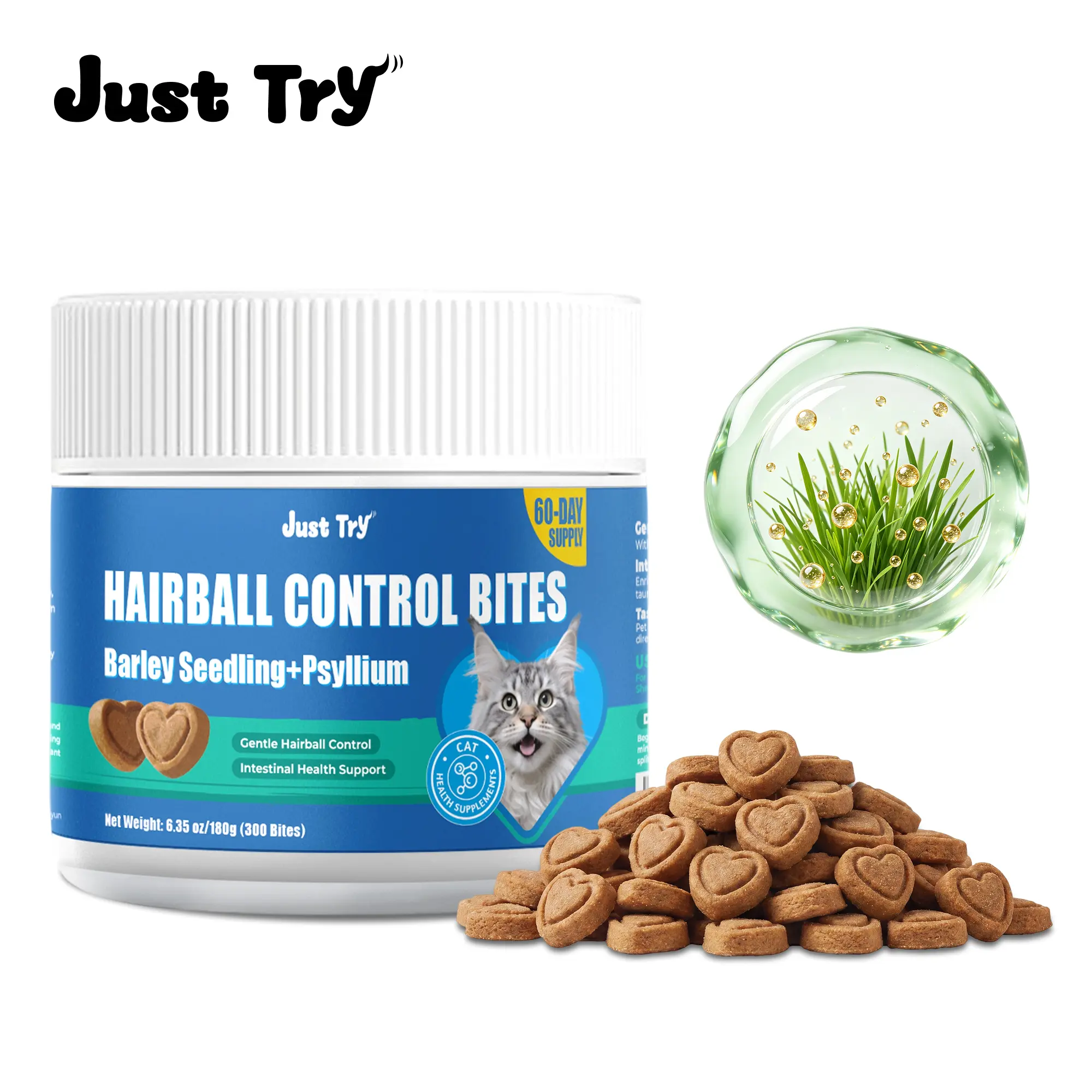 Just Try 300 Bites Hairball Control Cat Treats - Hairball Treatment & Relief for Cats - with Cat Grass, Pumpkin, & Omega-3 Fish Oil, Crunchy Chicken Flavor Crunchy Bites