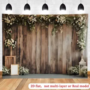 Rustic Wood Floral Backdrop Farmhouse Wedding Backdrop Country Style Background Cloth Nature Tapestry Wall Hanging Photography Background Polyester Fiber Indoor Outdoor Party Ceremony Event Studio Decor Prop Wall Art