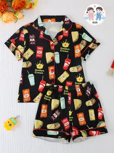 2-Piece Kids Pajama Set, Short Sleeve Button Front Open Cardigan & Shorts, Cartoon Food Print, Unisex, All Seasons, Pajamas