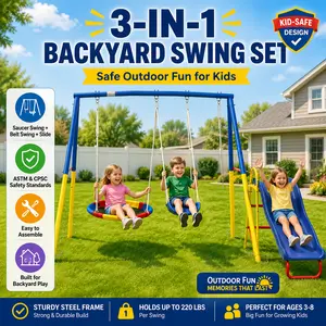 Elon Backyard Swing Set Kids Slide Outdoor Playset 3 in 1 Heavy Duty Metal Swing and Slide Set with Saucer Swing Belt Seats Frame for Garden Patio Yard Children Playground Equipment Outdoor Active Play Fun