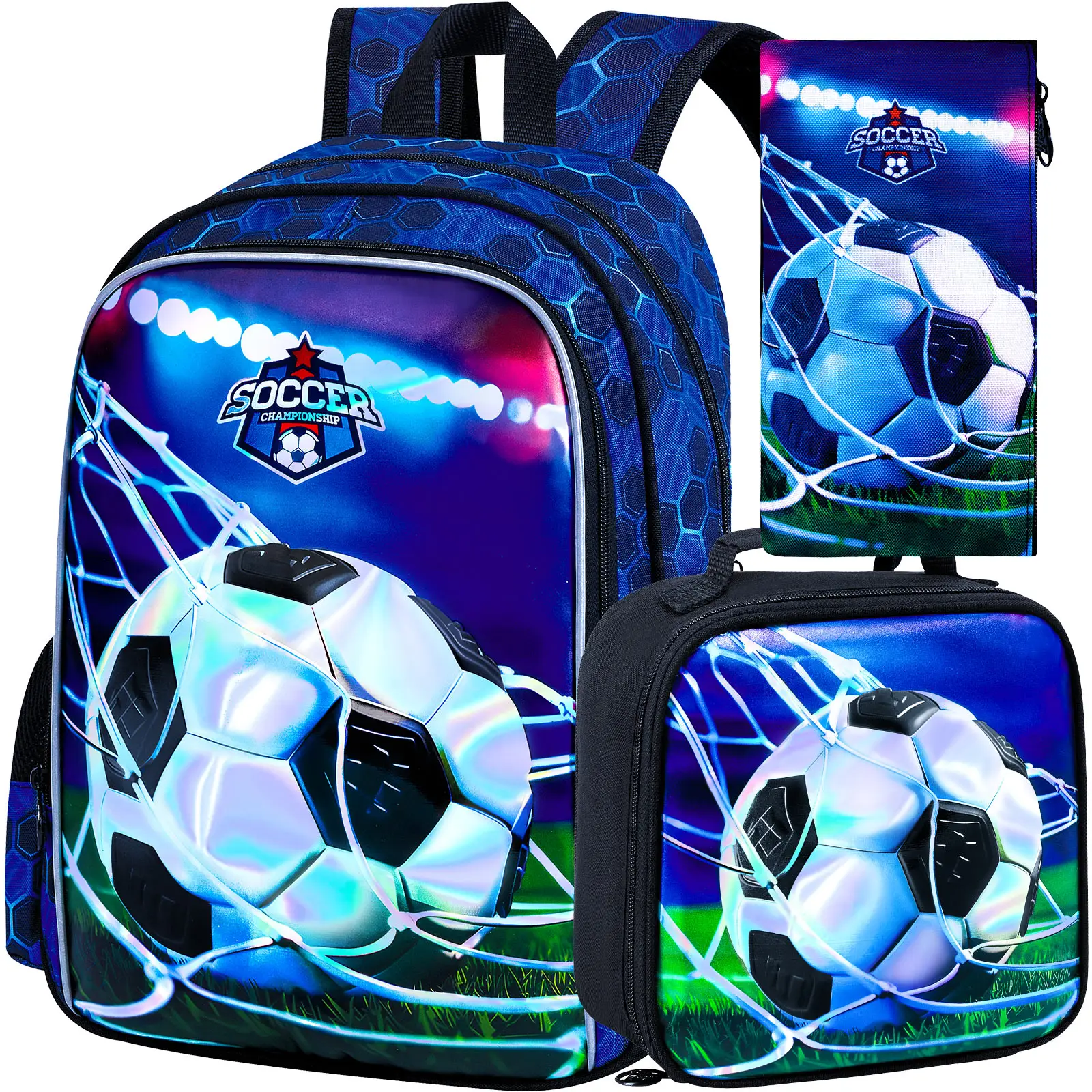 3PCS Football Backpacks for Boys, 16" Kids Bookbag Water Resistant for Boy, Lightweight Backpack with Lunch Box Pencil Case