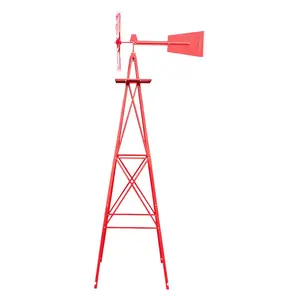 8FT Metal Windmill Ornamental Spinner Backyard Garden Decoration Weather Vane, Heavy Duty Wind Mill w/ 4 Legs Design, Red