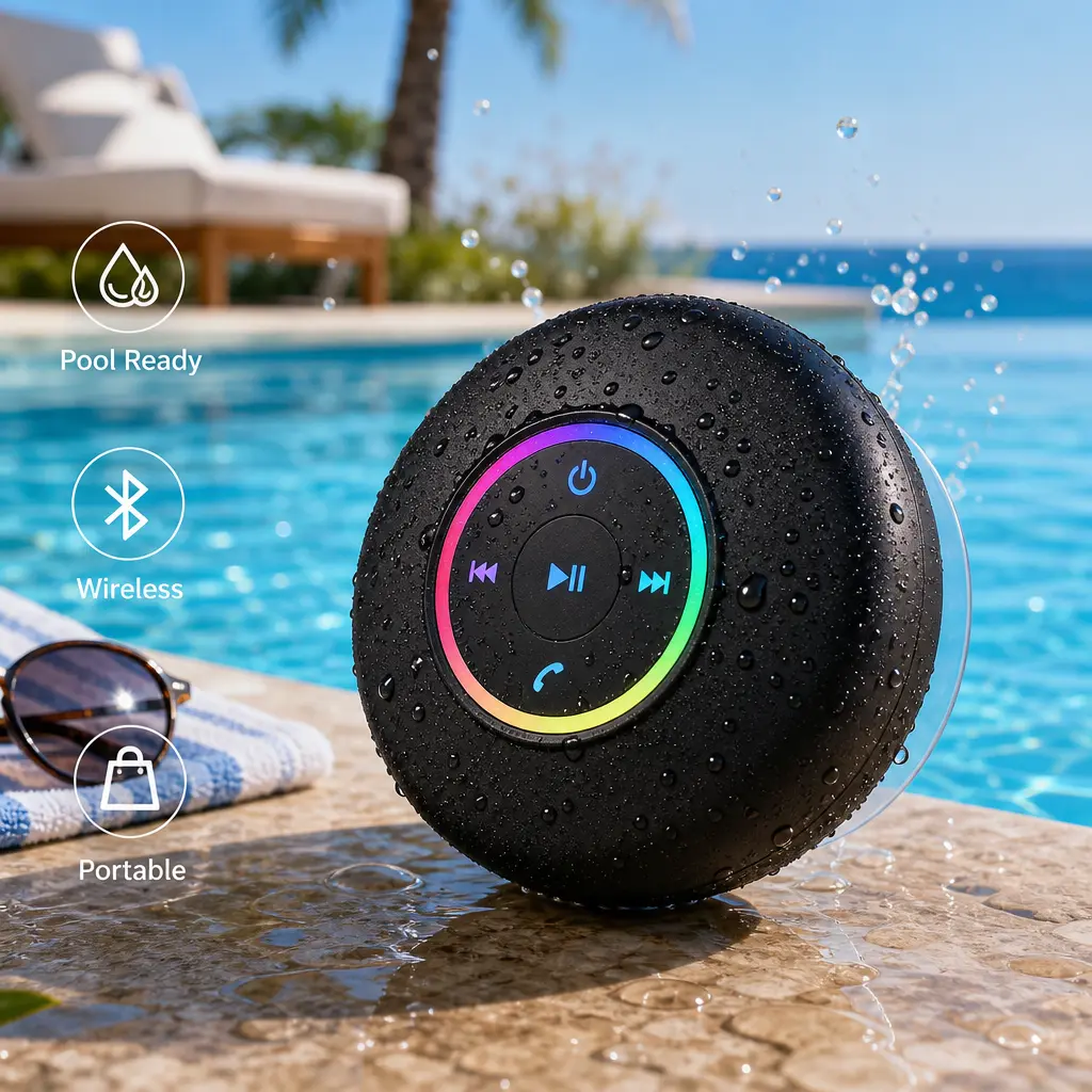 IPX4 Waterproof Shower Bluetooth Speaker, Bluetooth 5.3 RGB Rhythm Light Strong Suction Cup Hands-Free Call Mini Portable Speaker for Bathroom Pool Travel