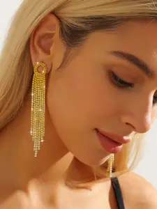 1 pair of light luxury gold toned imitation crystal tassel earrings, sparkling rhinestone tassel personalized earrings, suitable for weddings and parties, Dangle Earrings