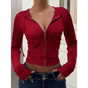 Women's Solid Color Zipper Front Raglan Sleeve Casual Hooded Jacket Fabric Fit Burgundy Basic