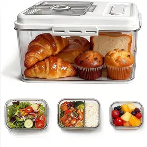 Bread Box for Kitchen Countertop with 3 Glass Food Containers, Time Recording Bread Container Box, Homemade Bread Storage Box with Lid– Perfect for Bread, Fruits and Other Foods, 4 Packs