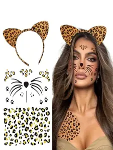 Cheetah Ears Headband Set with Leopard Tattoo & Cat Whiskers, Perfect for Cosplay, Festivals & Halloween Events, Fun Animal Costume Accessory, Party Event Props