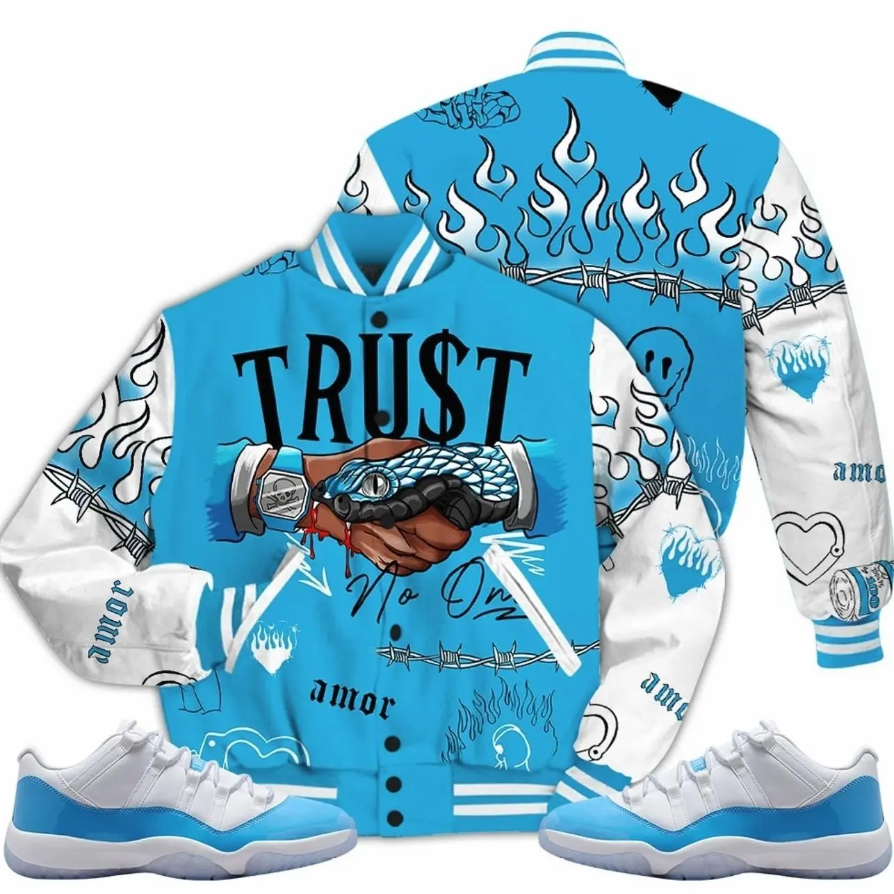 11 Low University Blue Varsity Jacket, Low University Blue 11s Outfits, Trust No One Graphic Streetwear Unisex Sneaker Color Match Shirts