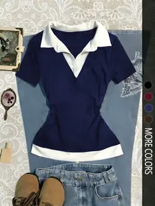 Women's Colorblock Patchwork Mock Two-Piece Shirt Collar Slim Fit Short Sleeve Top, Simple Casual Comfortable Daily Wear, Versatile Fashion Blouse