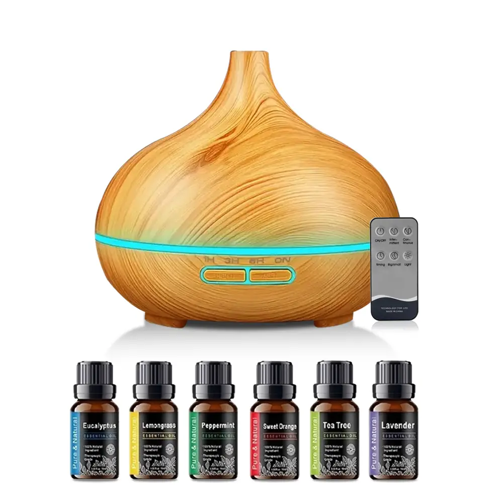 550ml Ultrasonic Aromatherapy Essential Oil Diffuser & Air Humidifier with Wood Grain Design, Remote Control, 7 Color LED Light, and 6 Oils – Perfect