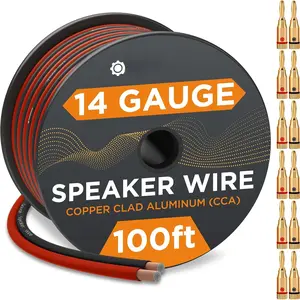 14 Gauge Speaker Wire - 100 Ft Copper Clad  Speaker  with 12 Banana Plugs for Easy Installation - Flexible PVC Jacket for  Theater and  Audio
