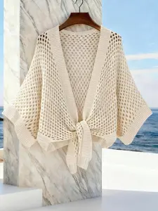 Women's Hollow Out Knit Cardigan, Short V-Neck Design, Breathable All Season Outerwear, Casual Fitted Sweater for Spring & Summer, Womenswear, Knitwear