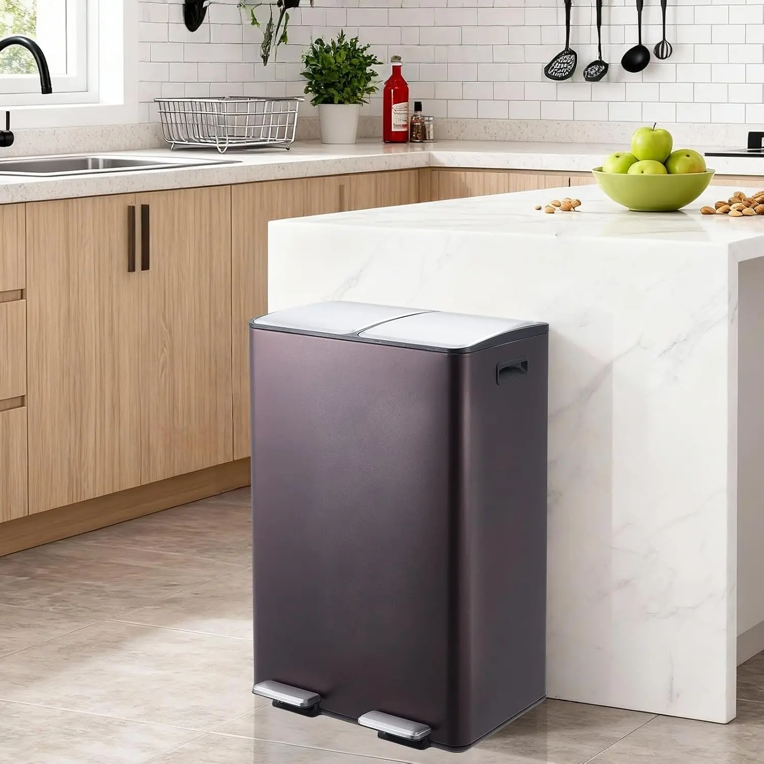 16 Gallon Plastic Kitchen Trash Can, Step-On Pedal, Soft-Close Lid, Liner Rim, Rear Handle, Durable & Rustproof for Home or Office, Brown