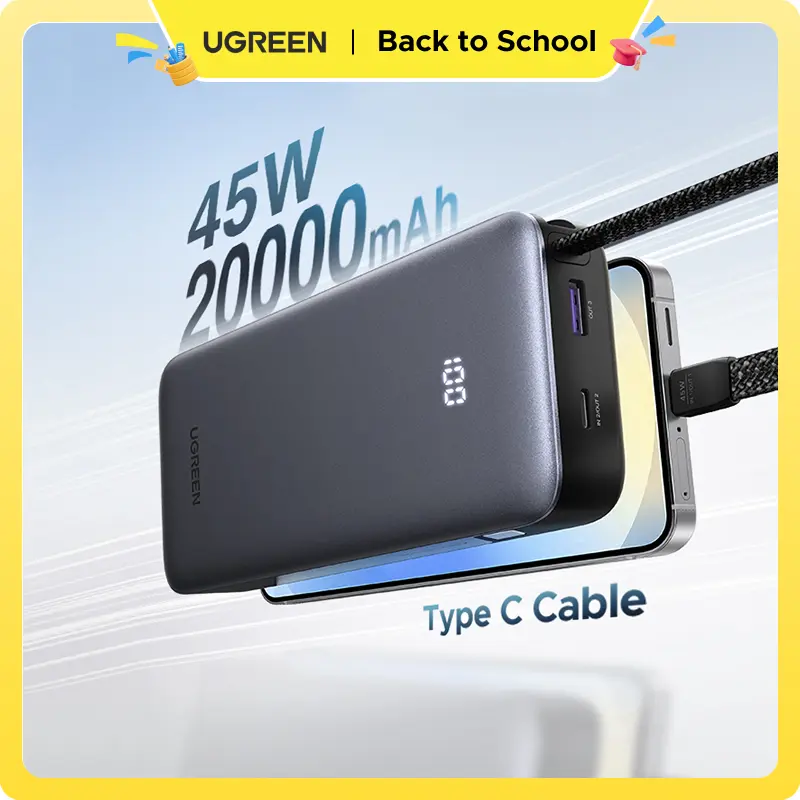UGREEN Nexode 45W Output High Capacity Portable Battery Power Bank (10001-20000mAh), 3-Port Fast Charging External Pack with Built-in Cable, Type C Input, Digital Display, Travel Ready EDC Gear for iPhone 17 Pro/Samsung S25 Ultra/iPad Pro