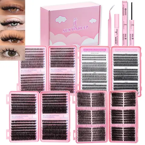 Gift Box Mixed Eyelash Extensions, Fluffy Dense Natural 5-18mm, DIY Volume Lashes, DIY Lashes with Bond&Seal&Remove&Eyelash Tweezers Large Capacity Set, DIY False Eyelashes Eyelash Extensions Kit, Eyelash Extension Supplies