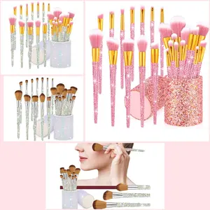 13 Pcs Rhinestone Silver Makeup Brushes Set Yellow Bling Crystal Professional Face Cosmetics Blending Liquid Foundation Powder Concealer Eye Shadows Make up Beauty Tool Glitter with Holder