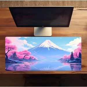 FUJI DAYBREAK DESKMAT - aesthetic cute mousepad for pc gaming and desk setup - gifts for gamer girls - Japanese blossoms pink and blue deskpad
