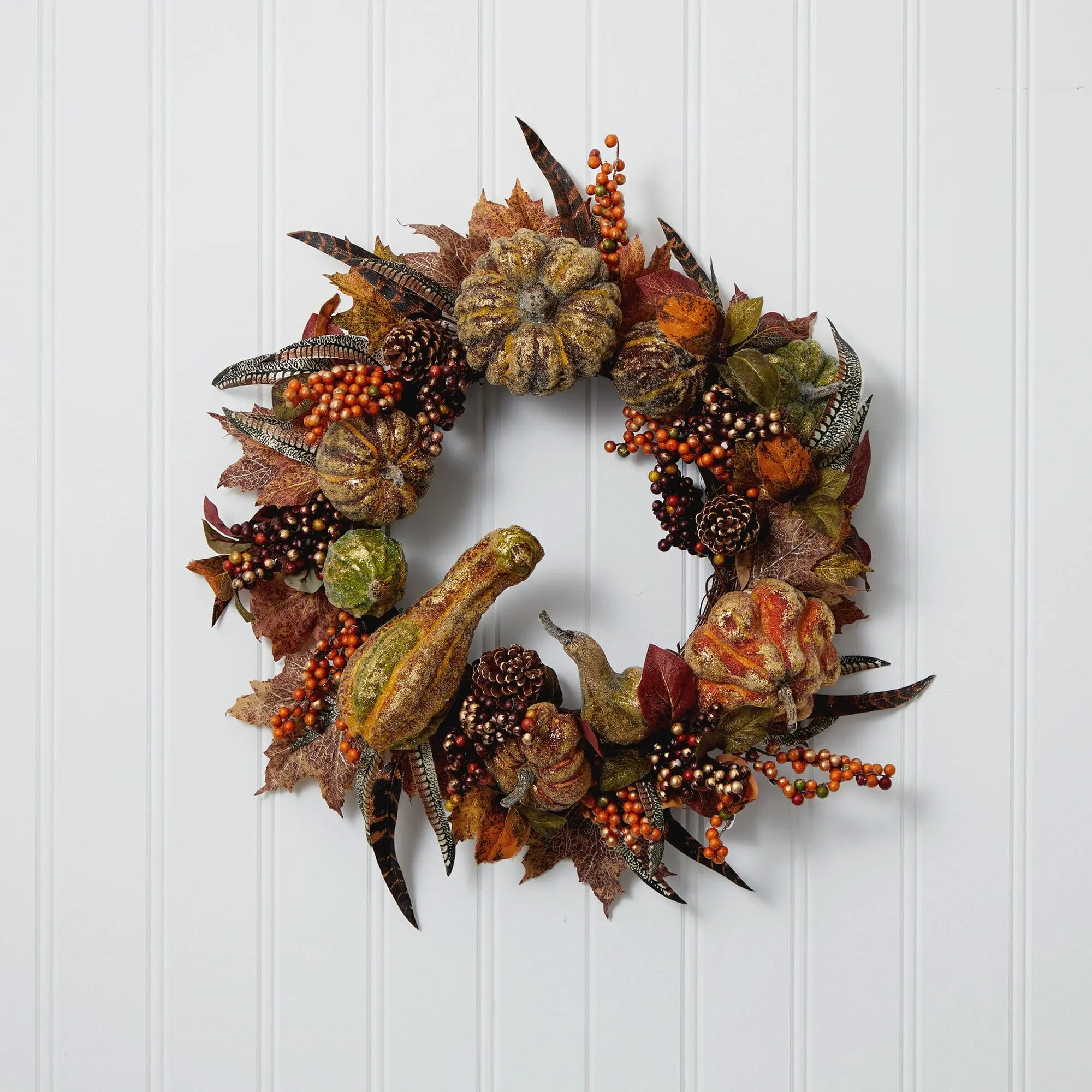 28-inch Dark Rich Autumn Pumpkin Door Wreath - Synthetic Festive Home Decor, Brushed Gold Look, Faux Leaves & Fruit Front Door Accent, Pumpkin Wall Hanging Wreaths & Garlands & Swags