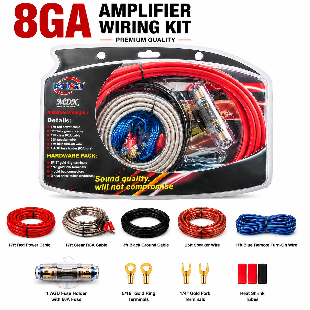 2026 8GA car audio amplifier wiring harness kit, featuring 8GA cables, reinforced RCA connectors, power supply with fuses, ground wire, and terminals, offering heat resistance and interference immunity, suitable for vehicle stereo upgrades, in-car media p
