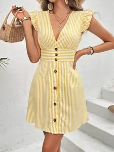 Women's Striped Simple V-Neck Dress, Teacher Dress, Casual Women's Dress, Independence Day Clothing, Professional Women's Attire, Autumn Women's Dress, Return-to-School