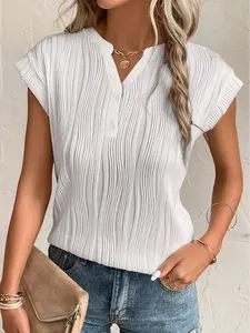 Wavy Textured Button V Neck Tee, It Has A Buttoned V Neck, Cap Sleeves, and A Shift Fit.