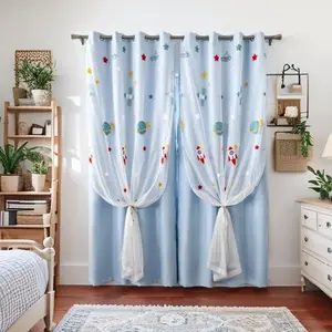 1pc Room Space Theme Embroidered Window Curtain, Dual Layer Cloth and Sheer Design, Light Blocking and Transparent, Kids Bedroom Decor