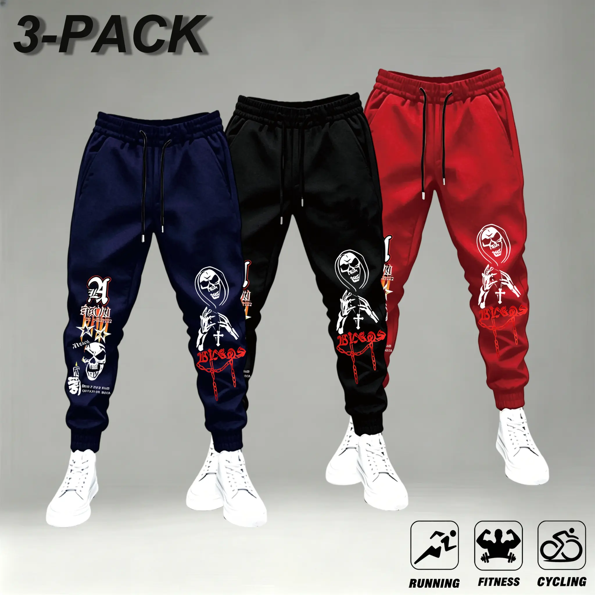 3-Pack Skull Print Joggers for Men - Navy, Black, Red - Ideal for Running, Fitness, Cycling - Comfortable & Stylish,Men's Dark Gothic Skull Graphic Jogger Pants, Hip Hop Streetwear Drawstring Elastic Waist Cuffed Casual Sweatpants for Sports Daily Outfit