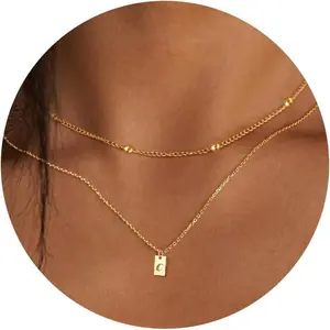 Initial Necklaces for Women, Dainty Cute Layered  Plated Letter A-Z Initial Necklaces with Bead Chain, Square Name Initial Tag Necklace Gold Necklaces for Women Trendy Gold Jewelry