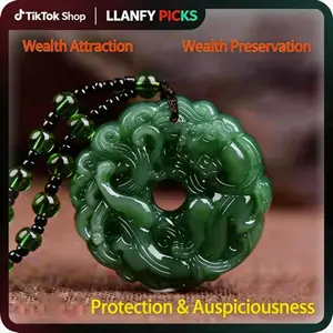 Feng Shui Pixiu Jade Pendant Necklace for Men Women, Handmade Carved Dainty Chunky Natural Green Jade Jewelry, Vintage Good Luck Amulet, Hetian Peace Buckle Statement Necklace