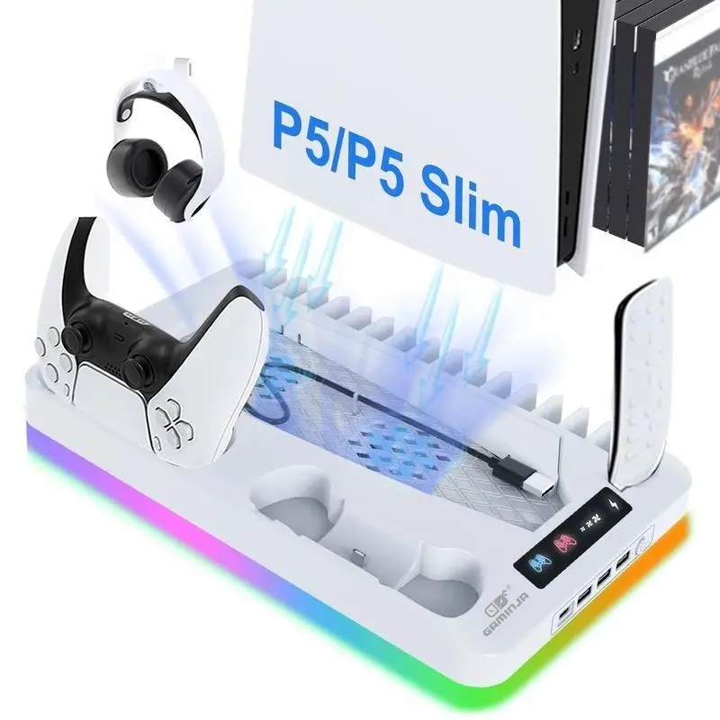 Ps5 Cooling Stand Charger Base Wired Fast Charge, Vertical Fan Cooler, Multi-Function Charging Station with Hook, Ps5/ps5 Slim Accessories