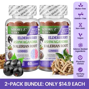 TikTokShopBlackFriday  NOORUZ Ashwagandha Elderberry Valerian Root Gummies Vegan Plant Extracts GMO Free/Gluten Free/Gelatin Free/ Helps Maintain Healthy Cortisol Levels
