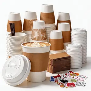 12 oz Disposable Coffee Cups with Lids, Sleeves and Stirrers 100 Pack, Hot Cups with Lids, Leak-Proof To Go Cups for Hot Chocolate, Cocoa, Office, Coffee Bar Accessories