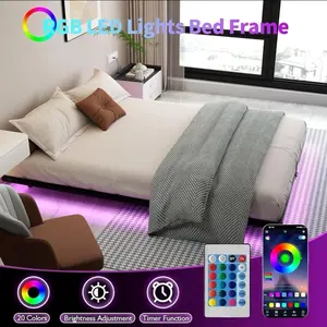 Queen Size Floating Bed Frame - Modern Bed Frame with LED, Soft-Padded Headboard, Strong Iron Slat Support