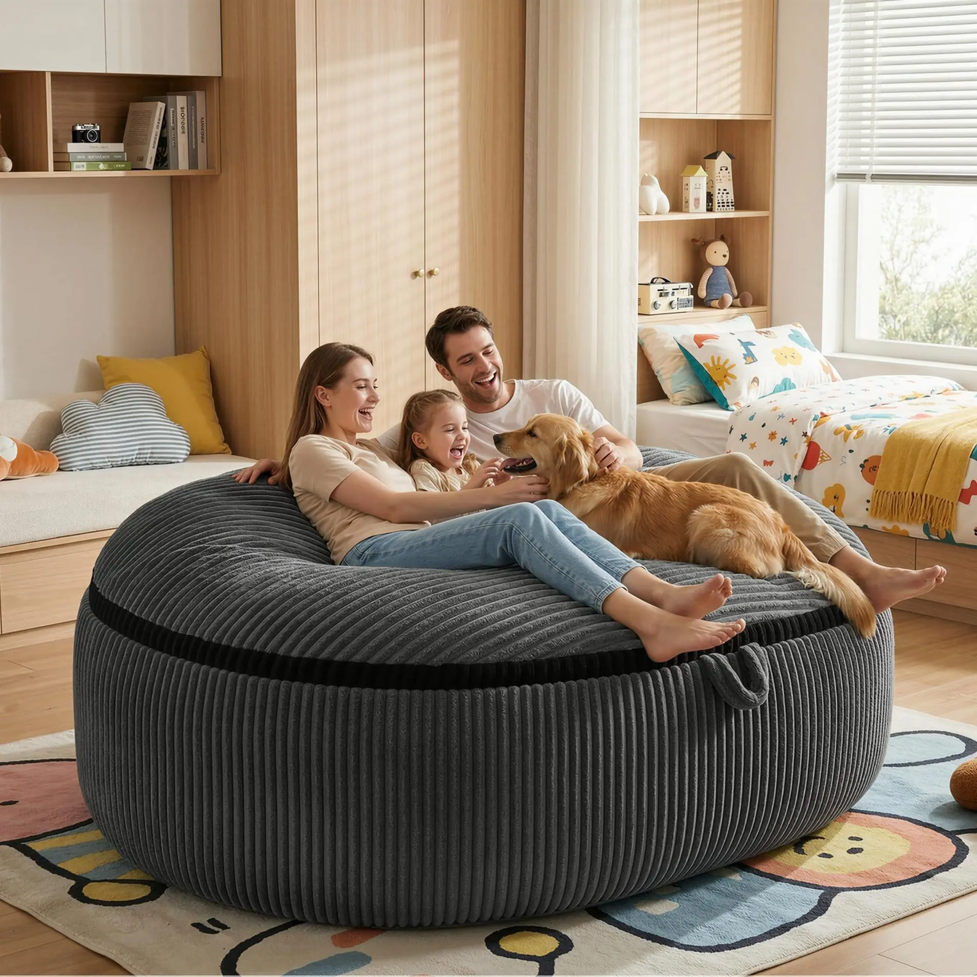 LIKIMIO 5/8FT Giant Memory Foam Beanbag Lazy Sofa, Machine-Washable Removable Flannel Cover, Cloud Couch for Adults, Indoor Living Room & Apartment Furniture (Grey)
