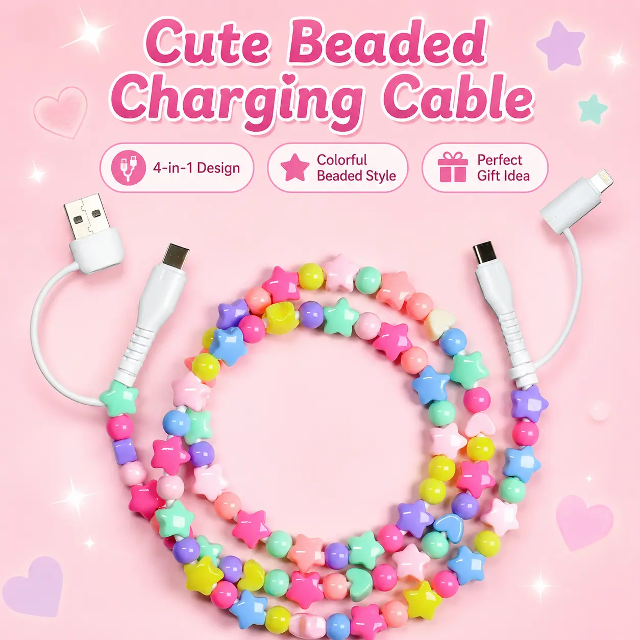 4 in 1 Beaded Charging detachable Cords stylish shine Fit for All Device USB-A,USB-C & Lightening for iPhone 15/16/17 Samsung Type-C Cellphone
