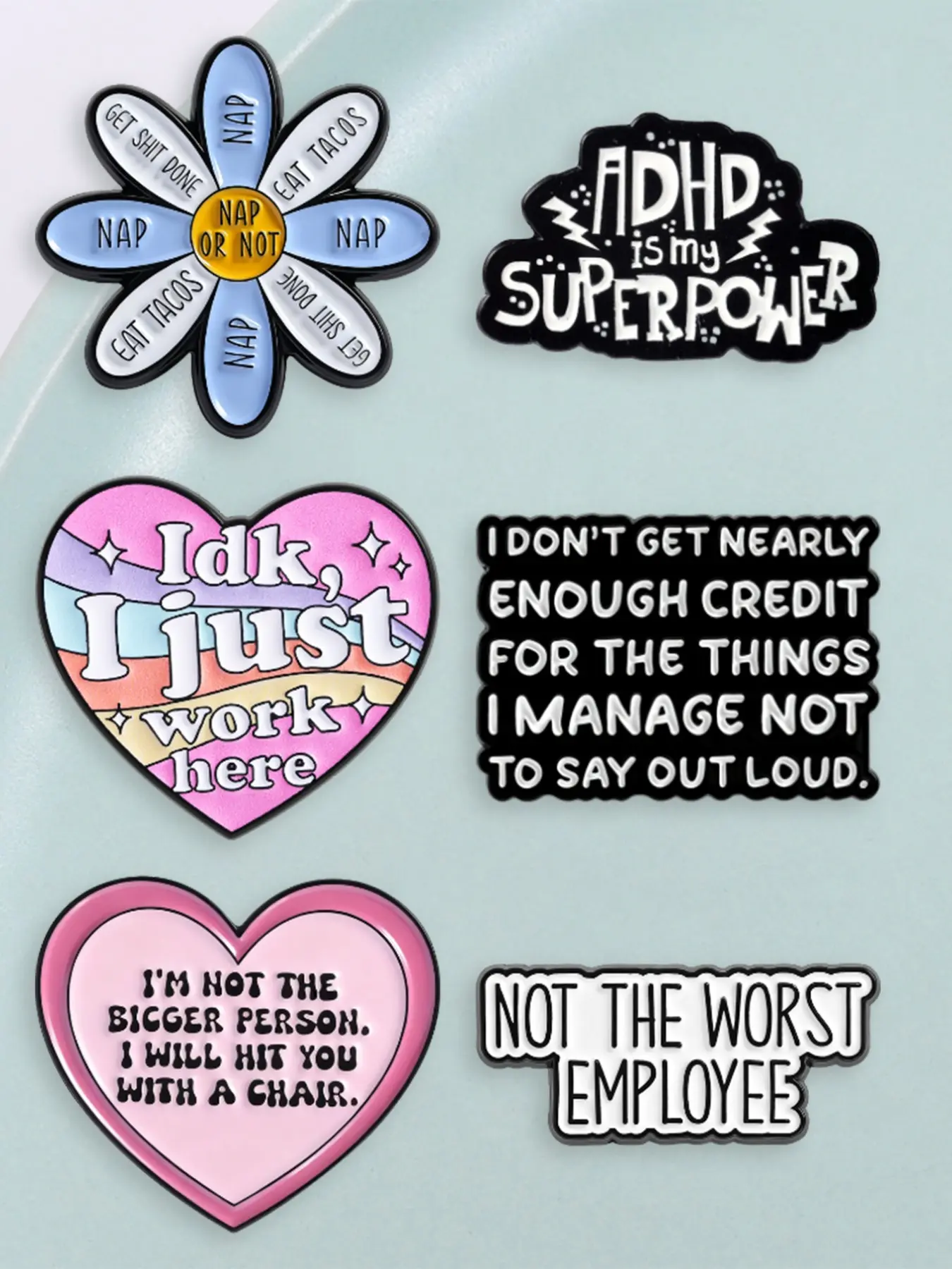 6-Piece Enamel Badge Set, Funny Office Worker Theme, Mental Health Awareness, Backpack Decoration, Work Accessories, Gift for Friends, Quirky Design, Enamel Lapel Pins, Lapel Brooch