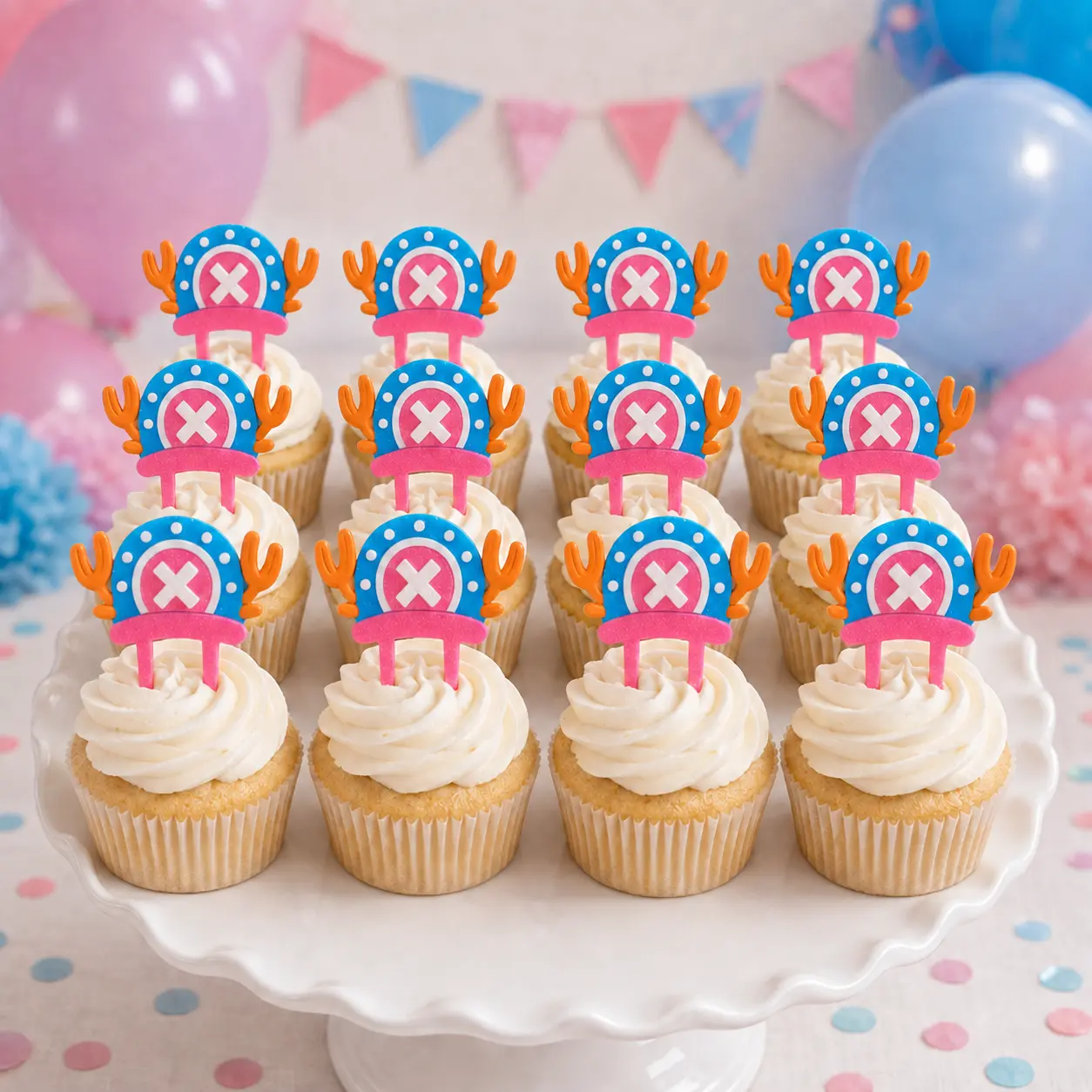 3D Printed Pink-Blue Chopper Hat-Inspired Cupcake Toppers, 1 Piece Anime Pirate Birthday Party Cake Decorations, Set of 6 or 12