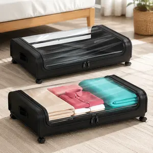 2pcs Metal Under Bed Storage Organizer with Wheels and Lid Rolling Underbed Bins for Clothes Bedding Shoes Blankets Books Under Bed Storage Containers