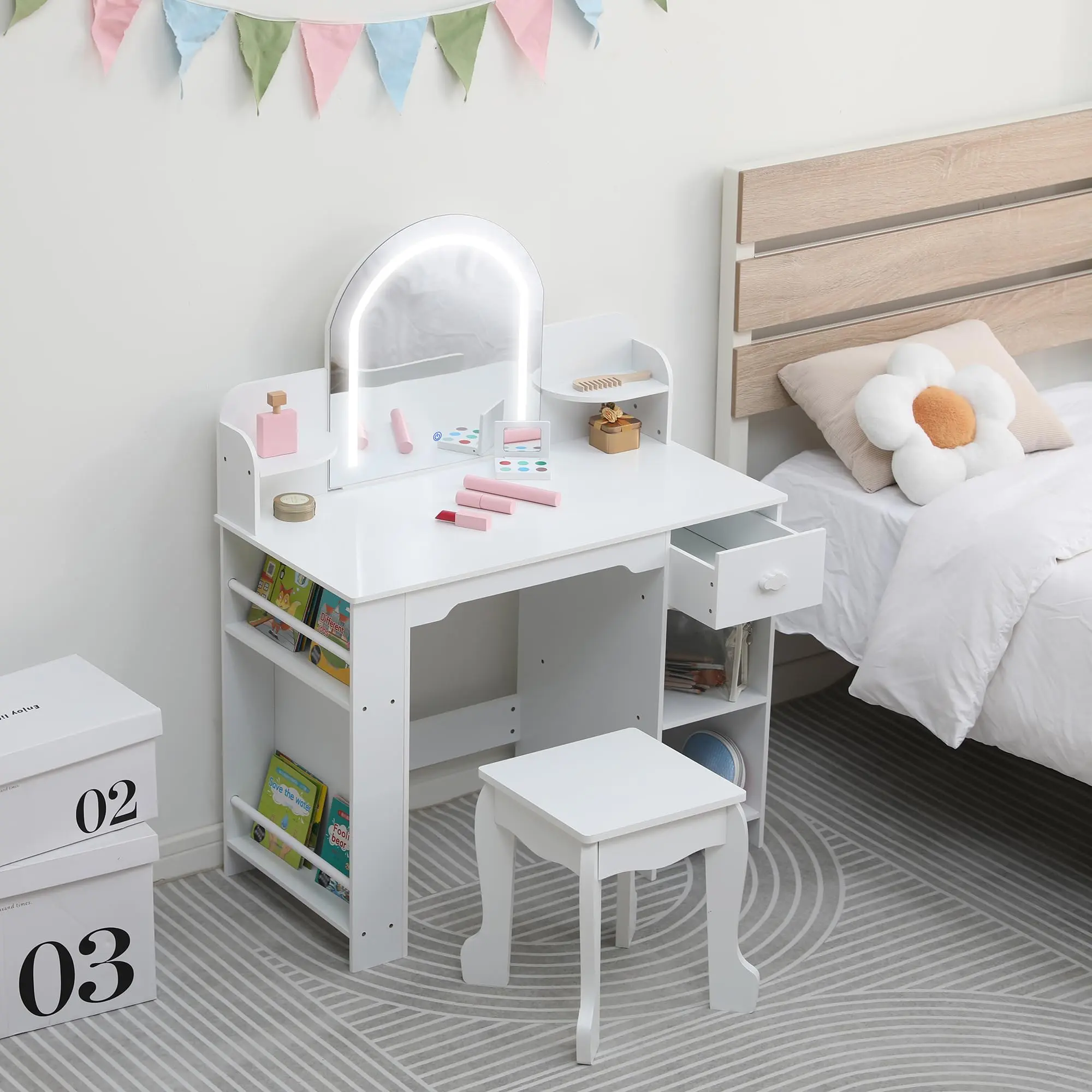 Girls Wooden Pretend Makeup Vanity Set with Adjustable LED Mirror, Stool, Bookshelf, Drawer, Storage Shelves, MDF Wood Round Edges (39.5 in h x 31.5 in l x 15.8 in w) - Birthday, Playroom Furniture for Ages 3-9, Purple Pink & White, Assembly Required, Bed