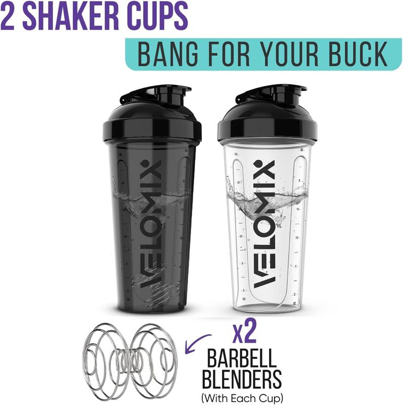 -2 Pack- 28 Oz Protein Shaker Bottles for Protein Mixes - 2X Wire Whisk | Leak Proof Shaker Cups for Protein Shakes | Protein Shaker Bottle Pack (Black/Transparent) VELOMIX