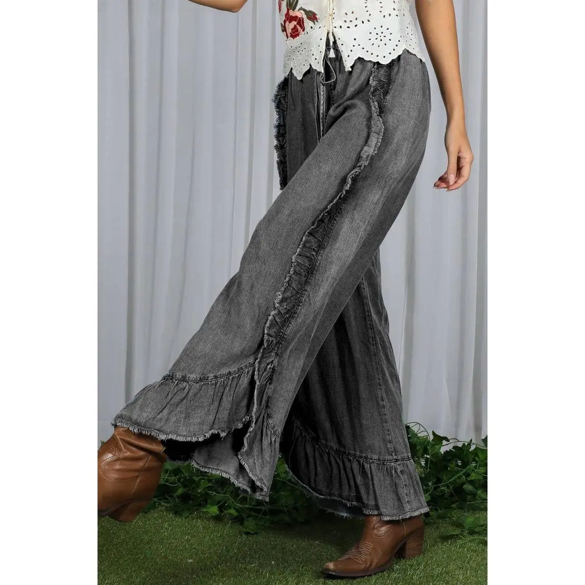 Vine & Love - Flared Ruffle Hem Washed Chambray Crop Denim Pants