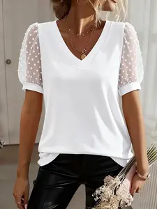 Elegant Women's Plus Size V-Neck Short Sleeve T-Shirt, Fashionable Summer Lace Patchwork Sleeves, Stylish Casual Top for Ladies