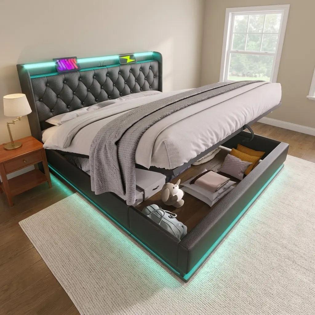 Twin to King Size Upholstered Bed Frame with 360° LED Lights, Hydraulic Storage Platform Bed with USB Type-C Charging Station, Convertible Adjustable Bed Frame with Tufted Headboard, PU Leather, No Box Spring Needed