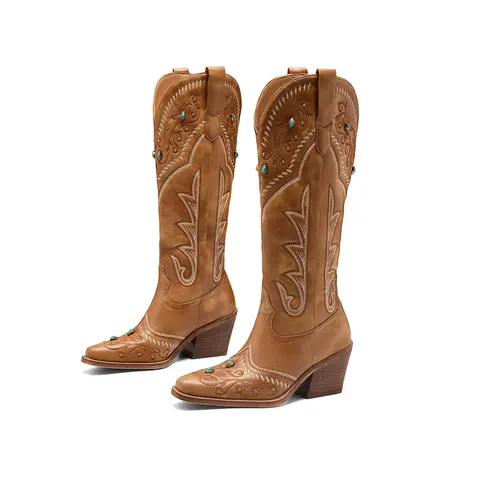 ReneChristine Women's Classic Urban Cowboy Embroidered Leather Boots - Studded Decor, Emerald Gemstone Accents, 5cm Ergonomic Heel Design, Knee-High Wide Calf, Modern Fashion Casual for Fall Country Concerts, Rodeo Outfits