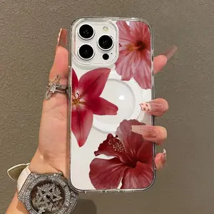 Magnetic Soft Smartphone Cellphone Case Cover - Protector for iPhone 11/12/13/14/15/16 Pro Max, Red Flowers Aesthetic Pattern, Elegant, Lightweight, Anti-Scratch, Trendy Mobile Phone Accessory