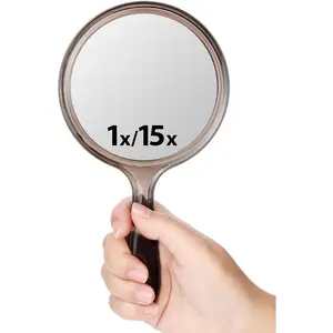Double-Sided Handheld Mirror with 1X/15X Magnification,  for Travel and Makeup, 8.3" L x 4.5" W(Transparent Black, 1 count)