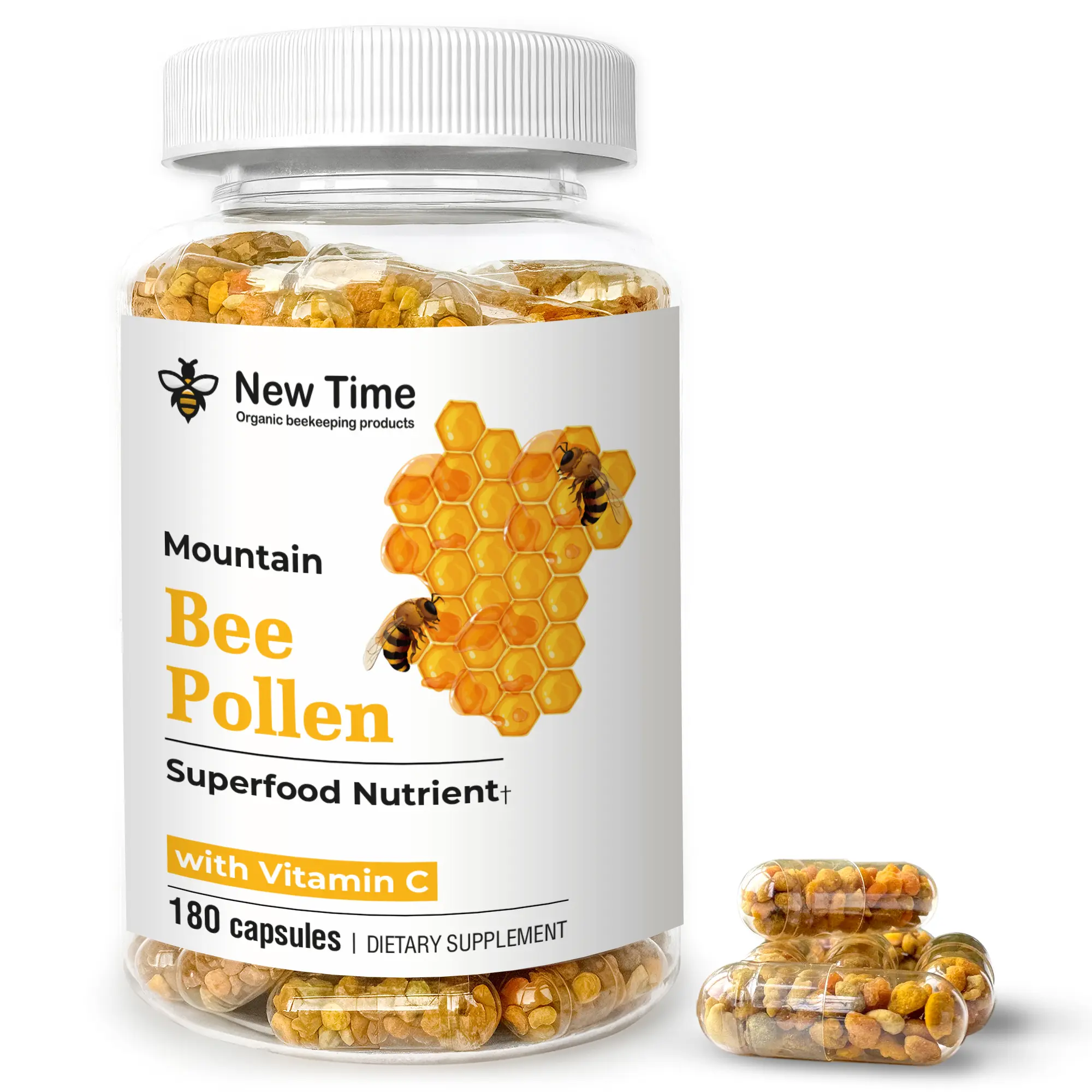 Bee Pollen with Vitamin C, 180 Capsules, Organic Dietary Supplement, Fermented Multivitamin Probiotic Superfood Vital Proteins Immune Support & Energy