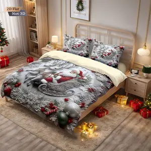 Christmas Theme 3-Piece, Santa Driving Reindeer, Polyester Fiber, 1 Fitted Sheet & 2 Pillowcases, Soft Bedding Sets