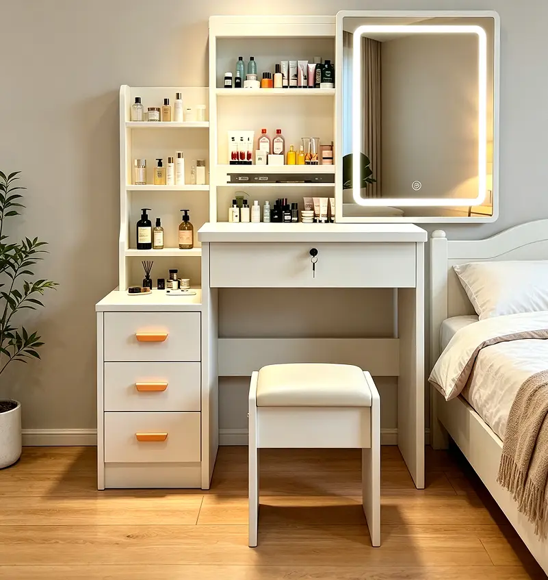 Vanity Desk with Mirror LED Power Outlet 3 Layer Jewelry Box 4 Drawers  Open Shelves 3 Color Modes Adjustable Brightness for Bedroom Women White Mother's Day Gift