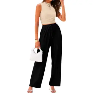 Women's Summer 2-Piece Outfits - Ribbed Knit Crew Neck Sleeveless Cropped Top & Wide Leg Pants Lounge Set #   Outdoor Fun Clothes Suits 2 piece sets women summer 2 piece set